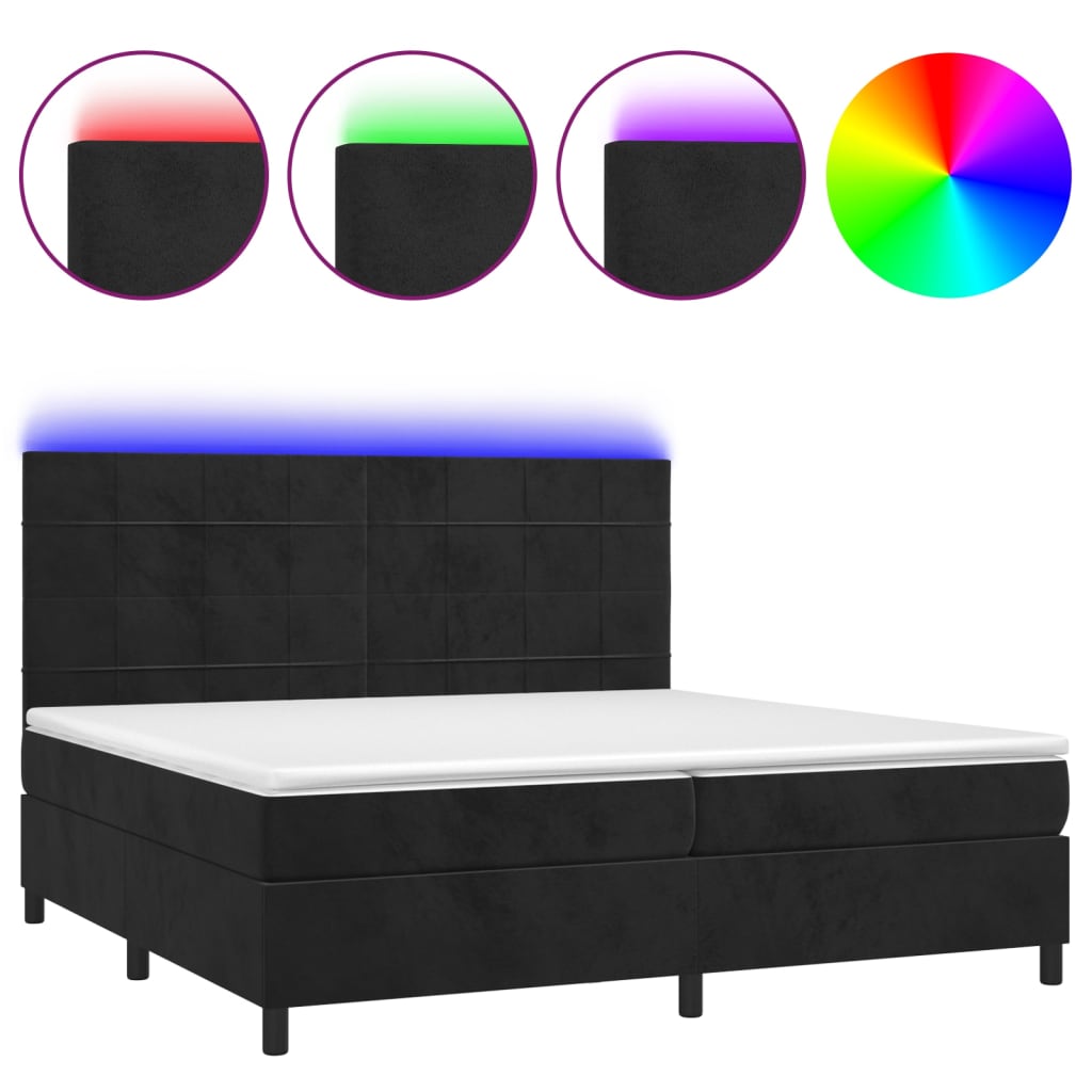 Cama box spring colchón y led terciopelo negro 200x200 cm bloques con cuadros