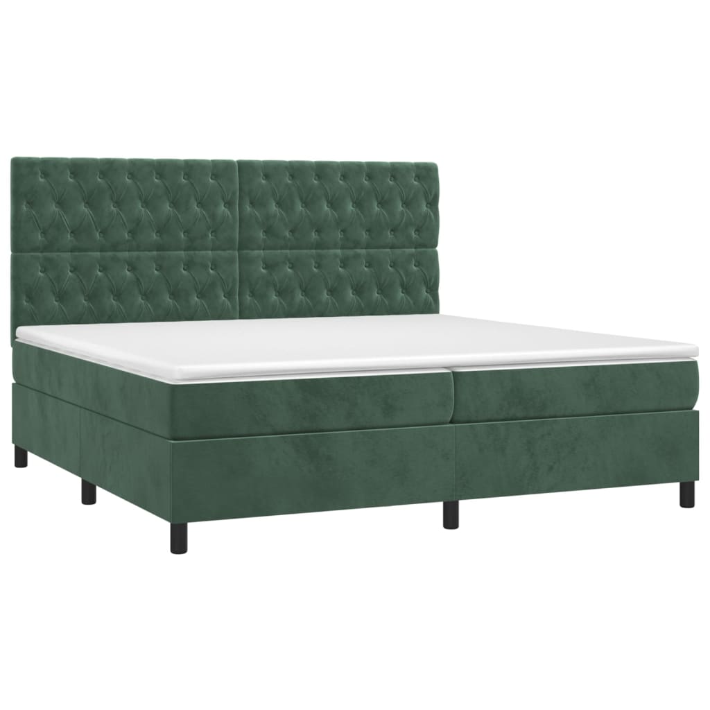 Cama box spring colchón y led terciopelo verde oscuro 200x200cm diseño de botones