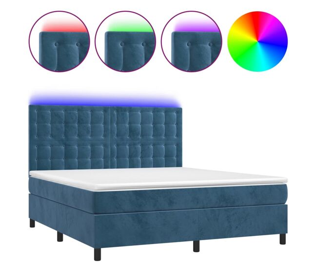 Cama box spring colchón y led terciopelo azul oscuro 160x200 cm botones