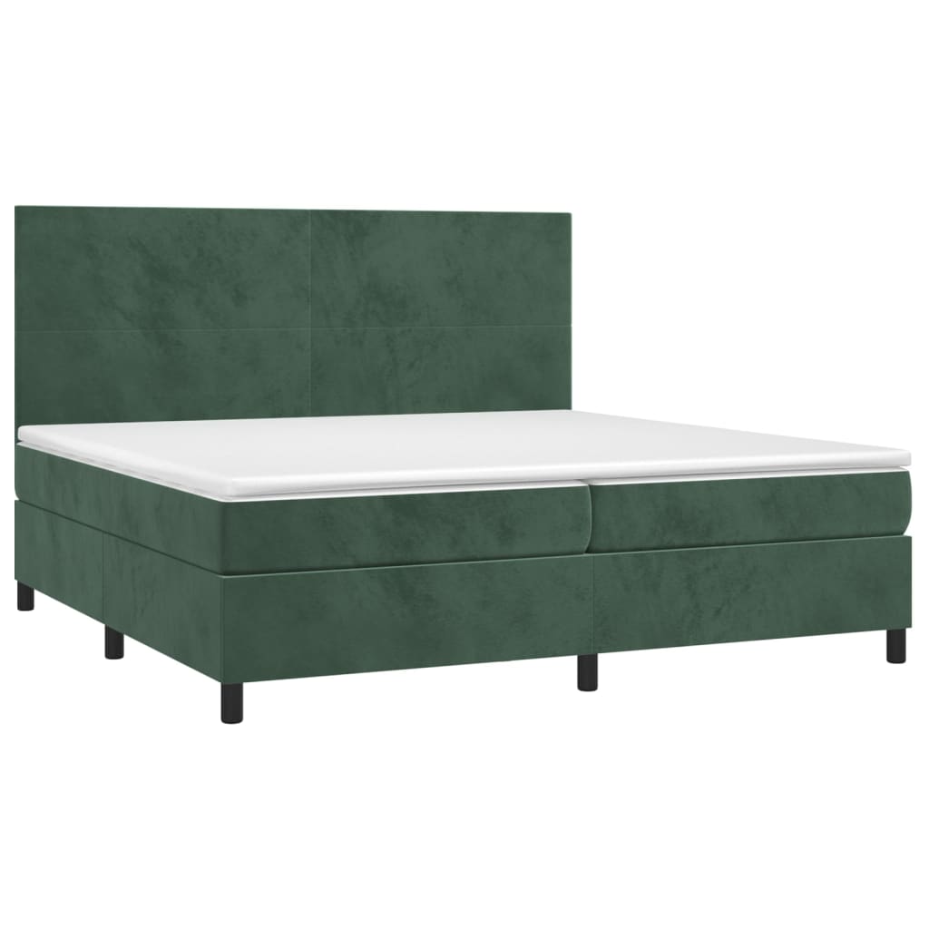Cama box spring colchón y led terciopelo verde oscuro 200x200cm diseño plano