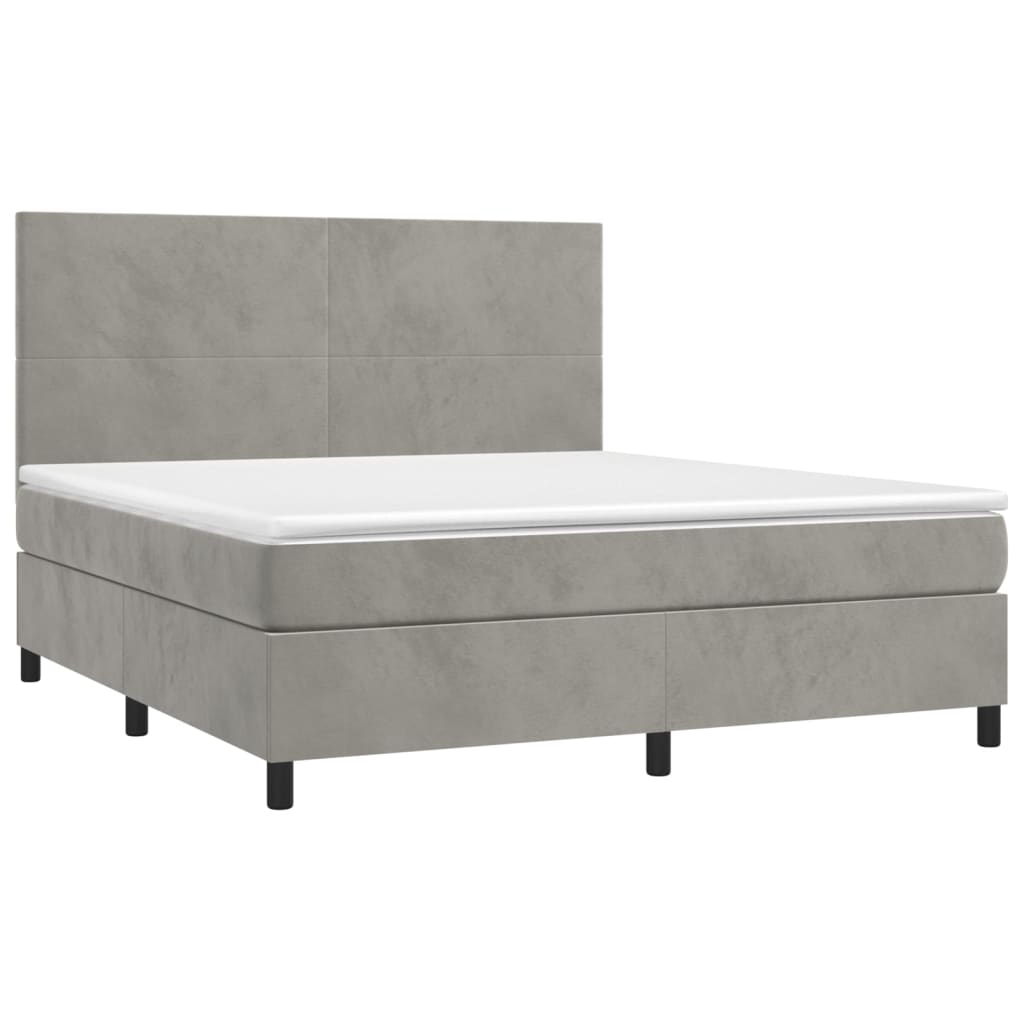 Cama box spring colchón y led terciopelo gris claro 160x200 cm diseño plano