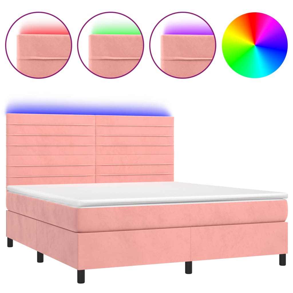 Cama box spring colchón y led terciopelo rosa 180x200 cm rayas horizontales