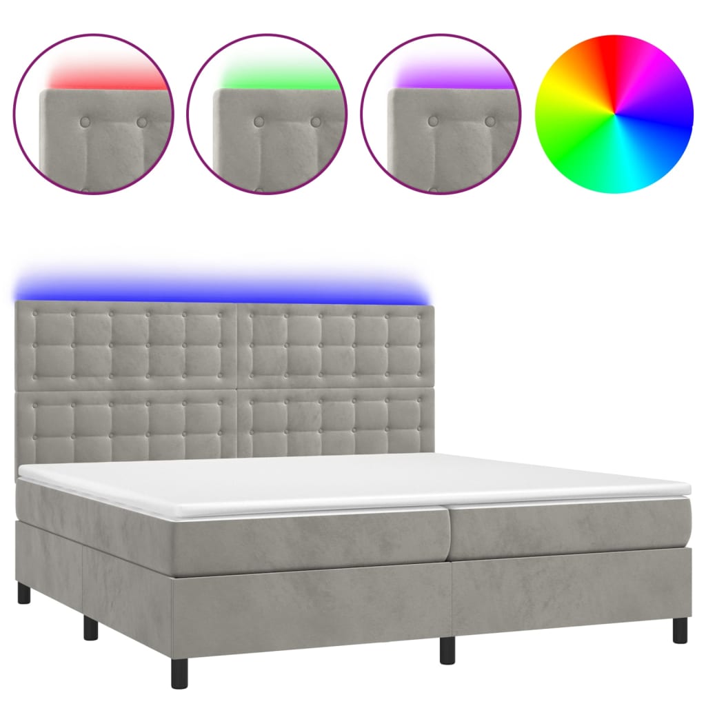 cama box spring colchon y led terciopelo gris claro 200x200 cm botones