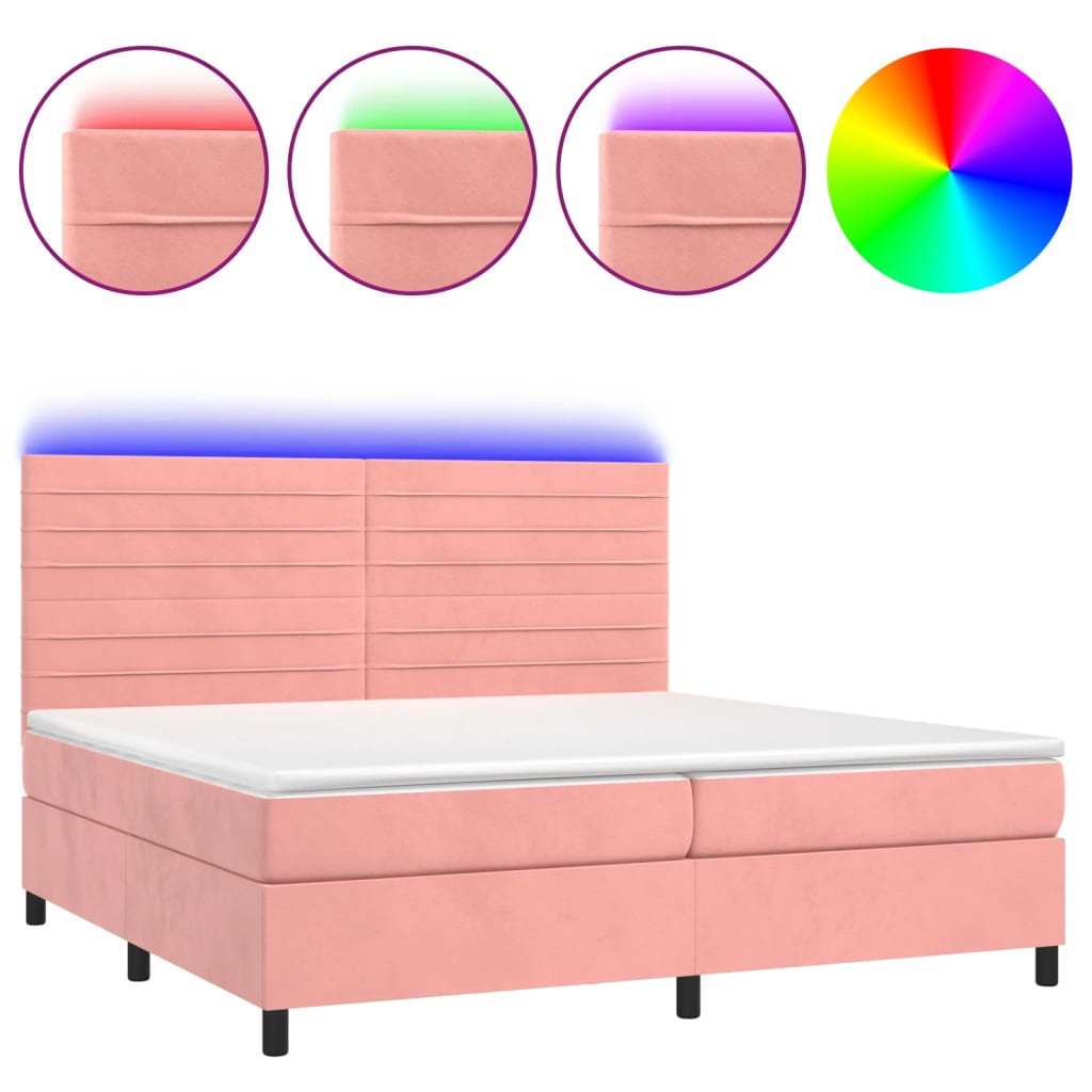 Cama box spring colchón y led terciopelo rosa 200x200 cm rayas horizontales