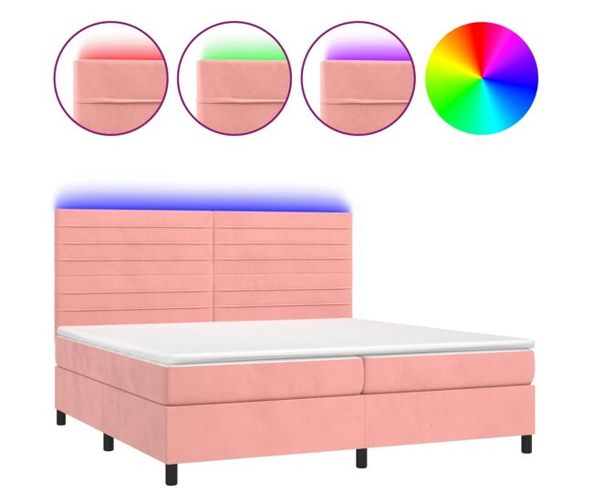 Cama box spring colchón y led terciopelo rosa 200x200 cm rayas horizontales