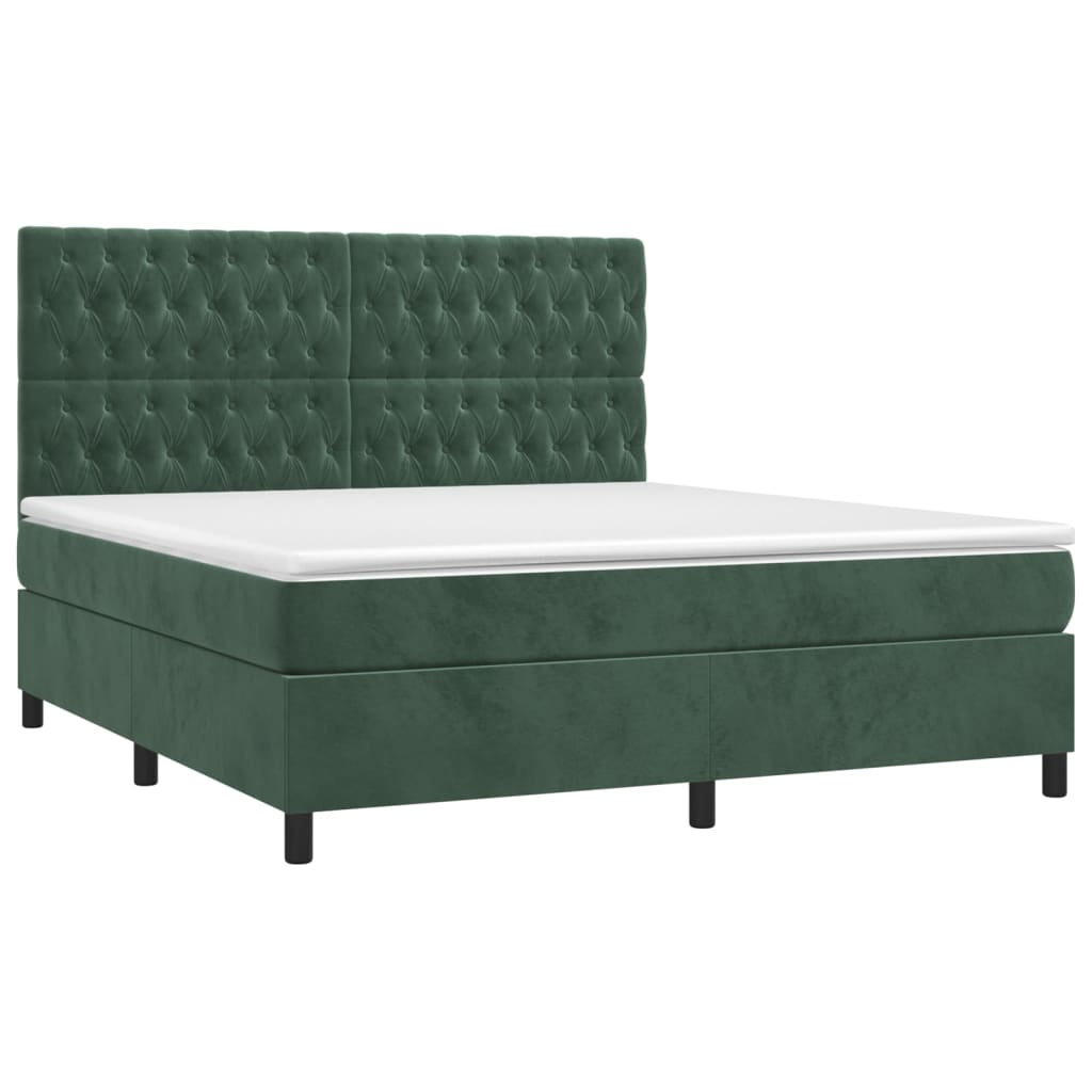 Cama box spring colchón y led terciopelo verde oscuro 160x200cm diseño de botones