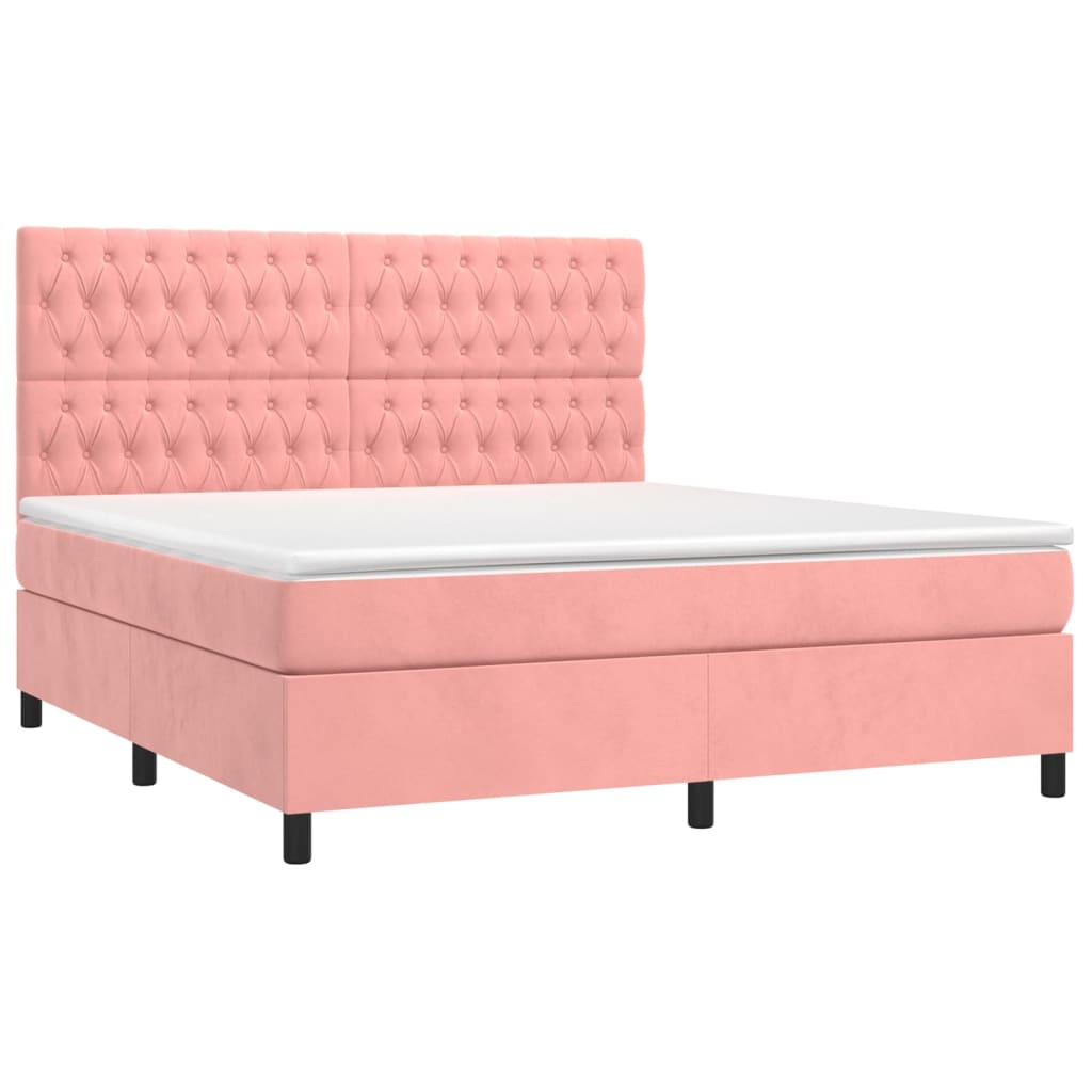 Cama box spring colchón y led terciopelo rosa 180x200 cm diseño de botones