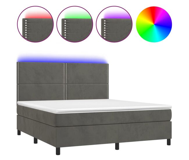 Cama box spring colchón y LED terciopelo gris oscuro 180x200 cm Liso con clavos