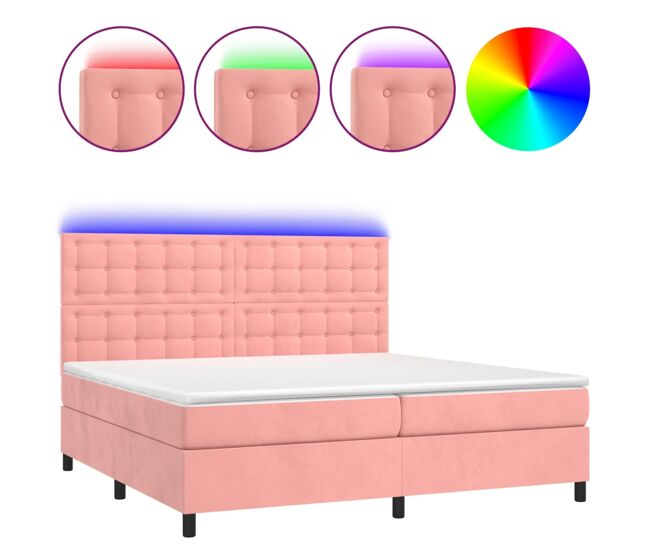 Cama box spring colchón y led terciopelo rosa 200x200 cm botones