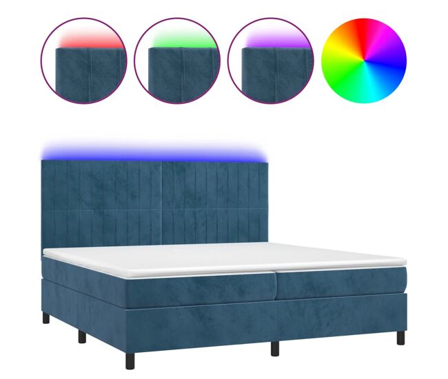 Cama box spring colchón y led terciopelo azul oscuro 200x200 cm rayas verticales