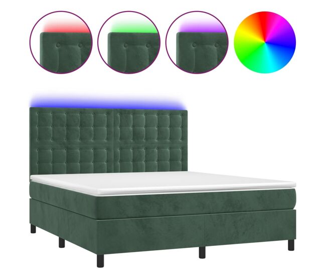Cama box spring colchón y led terciopelo verde oscuro 160x200cm botones