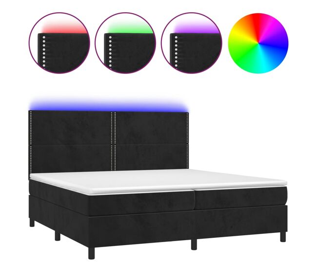 Cama box spring colchón y led terciopelo negro 200x200 cm liso con clavos