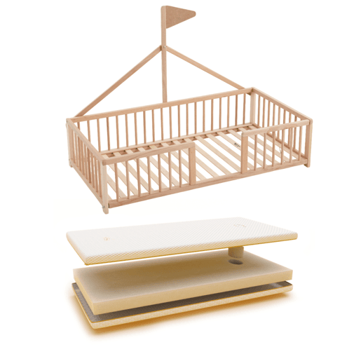 Cama tepee Apache Wonderland Montessori 140x70 em madeira de faia e cor natural + colchão higiénico Ternum