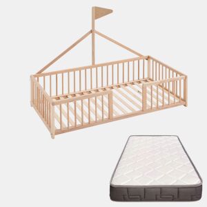 Cama tepee Montessori Apache Wonderland 140x70 em madeira de faia e cor natural + colchão Morfeo + protetor de colchão