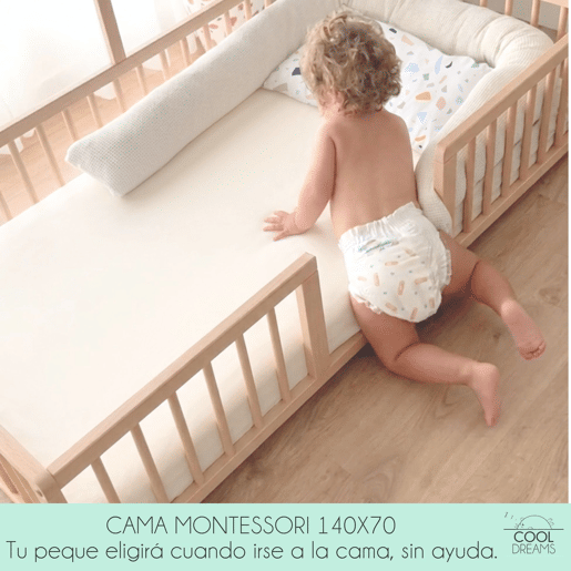 Cama tepee Montessori Apache Wonderland 140x70 em madeira de faia e cor natural + colchão Morfeo + protetor de colchão