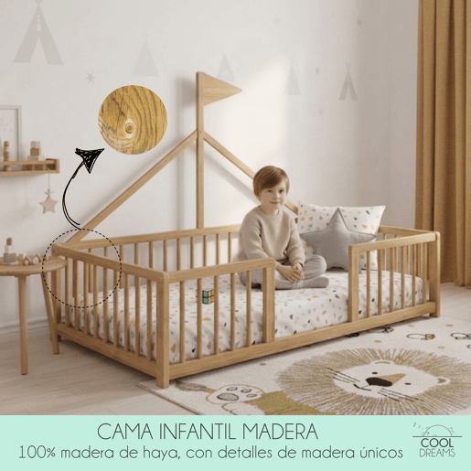 Cama tepee Montessori Apache Wonderland 140x70 em madeira de faia e cor natural + colchão Morfeo + protetor de colchão