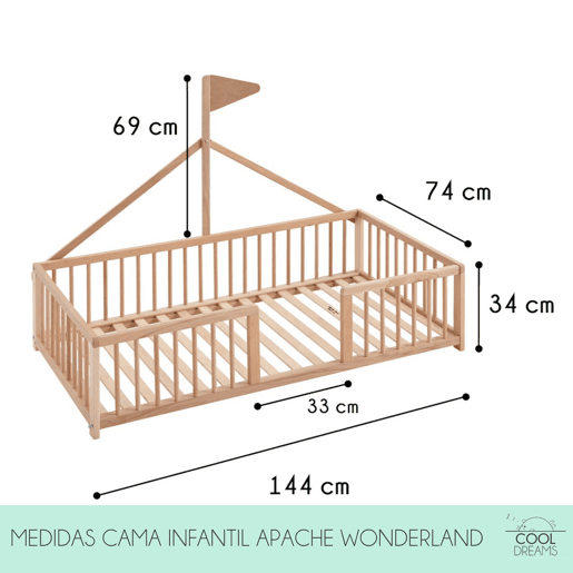 Cama tepee Montessori Apache Wonderland 140x70 em madeira de faia e cor natural + colchão Morfeo + protetor de colchão