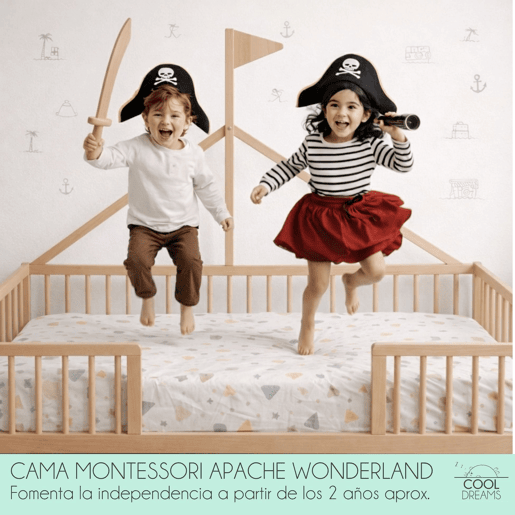 Cama tepee Apache Wonderland Montessori 140x70 em madeira de faia e cor natural