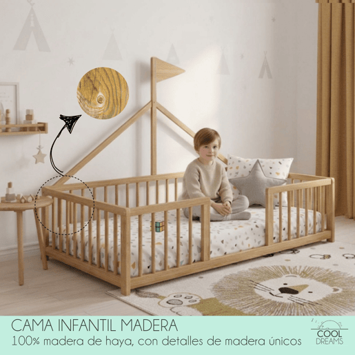 Cama tepee Apache Wonderland Montessori 140x70 em madeira de faia e cor natural