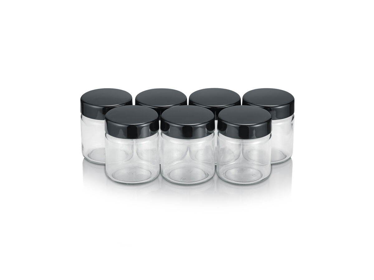 Severin 7 tarros de repuesto 150 ml cada uno para yogurtera, con tapa antiderrames 100% libre de bpa, vidrio / negro, eg 3514