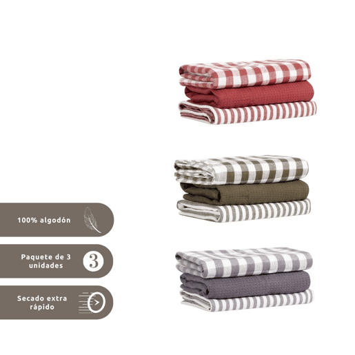 PacK de 3 Toalhas de Cozinha 100% Algodão Marrom 50x70cm Coleções Donegal