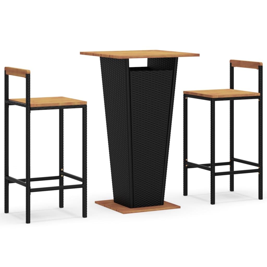 Mesa bar y taburetes jardin 3 piezas madera acacia ratán pe negro