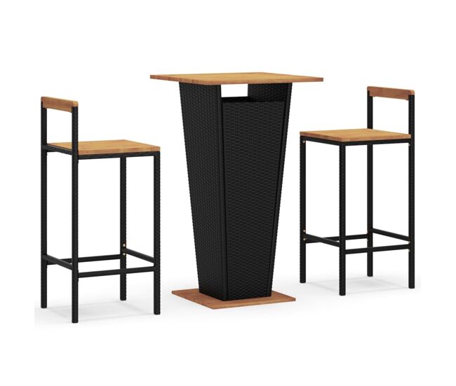 Mesa bar y taburetes jardin 3 piezas madera acacia ratán pe negro