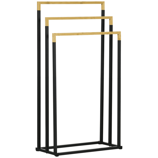 kleankin Toalheiro de Pé de 3 Níveis Toalheiro em Forma de Escada com 3 Barras de Bambu e Estrutura de Aço para Casa de Banho 45x22,5x86 cm Preto e Natural