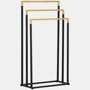 kleankin Toalheiro de Pé de 3 Níveis Toalheiro em Forma de Escada com 3 Barras de Bambu e Estrutura de Aço para Casa de Banho 45x22,5x86 cm Preto e Natural