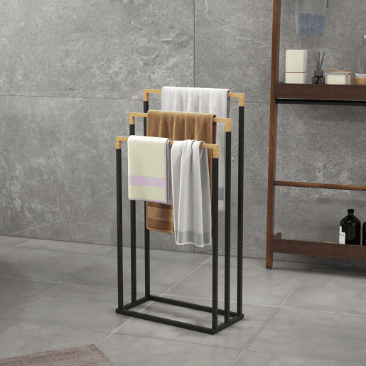 kleankin Toalheiro de Pé de 3 Níveis Toalheiro em Forma de Escada com 3 Barras de Bambu e Estrutura de Aço para Casa de Banho 45x22,5x86 cm Preto e Natural