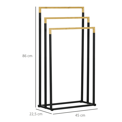 kleankin Toalheiro de Pé de 3 Níveis Toalheiro em Forma de Escada com 3 Barras de Bambu e Estrutura de Aço para Casa de Banho 45x22,5x86 cm Preto e Natural