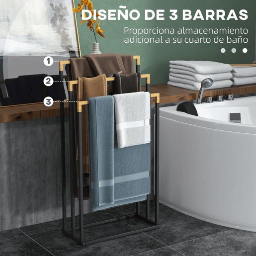 kleankin Toalheiro de Pé de 3 Níveis Toalheiro em Forma de Escada com 3 Barras de Bambu e Estrutura de Aço para Casa de Banho 45x22,5x86 cm Preto e Natural