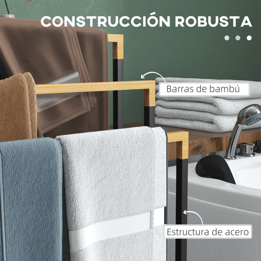 kleankin Toalheiro de Pé de 3 Níveis Toalheiro em Forma de Escada com 3 Barras de Bambu e Estrutura de Aço para Casa de Banho 45x22,5x86 cm Preto e Natural