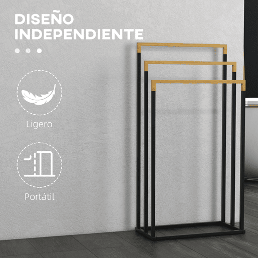 kleankin Toalheiro de Pé de 3 Níveis Toalheiro em Forma de Escada com 3 Barras de Bambu e Estrutura de Aço para Casa de Banho 45x22,5x86 cm Preto e Natural