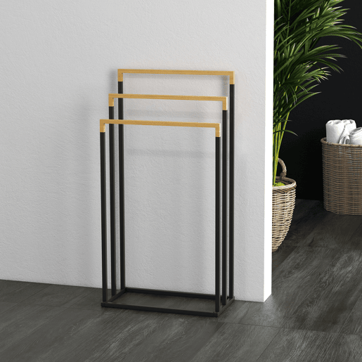 kleankin Toalheiro de Pé de 3 Níveis Toalheiro em Forma de Escada com 3 Barras de Bambu e Estrutura de Aço para Casa de Banho 45x22,5x86 cm Preto e Natural