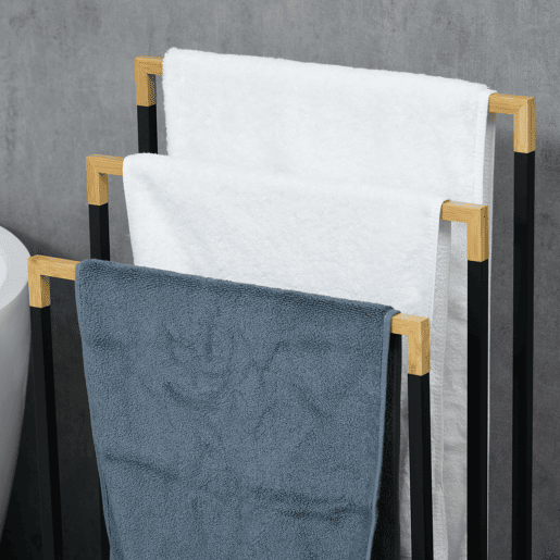 kleankin Toalheiro de Pé de 3 Níveis Toalheiro em Forma de Escada com 3 Barras de Bambu e Estrutura de Aço para Casa de Banho 45x22,5x86 cm Preto e Natural