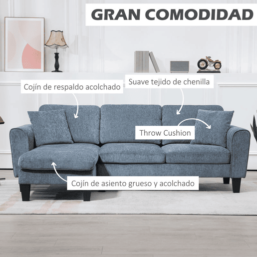 HOMCOM Sofá Chaise Longue Sofá de Canto Sofa Sala de Estar Reversível em Forma de L com 2 Almofadas Carga Máxima 200 kg 230x138x87 cm Cinza Azulado