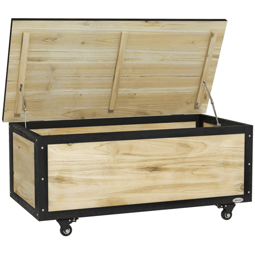 Outsunny Baú de Exterior 121 L Baú de Armazenamento em Madeira com 4 Rodas e Estrutura de Aço para Jardim Pátio Varanda 100x50x43 cm Natural e Preto