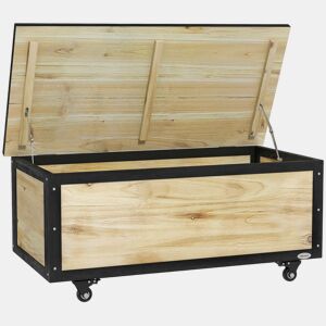 Outsunny Baú de Exterior 121 L Baú de Armazenamento em Madeira com 4 Rodas e Estrutura de Aço para Jardim Pátio Varanda 100x50x43 cm Natural e Preto