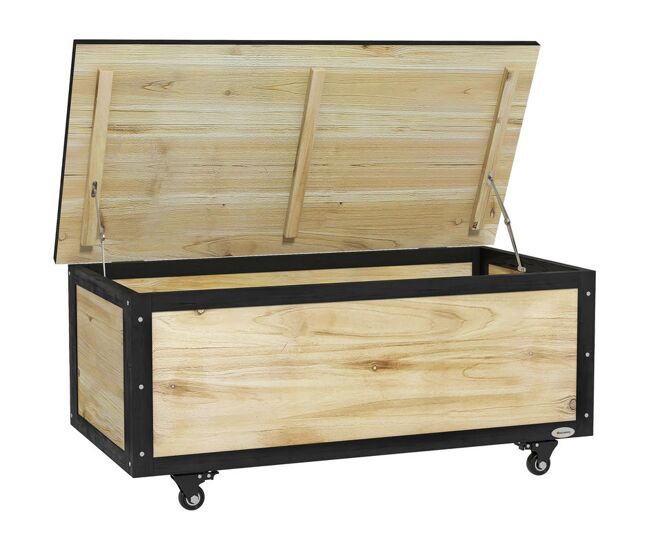 Outsunny baúl de exterior 121l arcón almacenaje de madera con 4 ruedas para jardín patio balcón 100x50x43 cm natural y negro