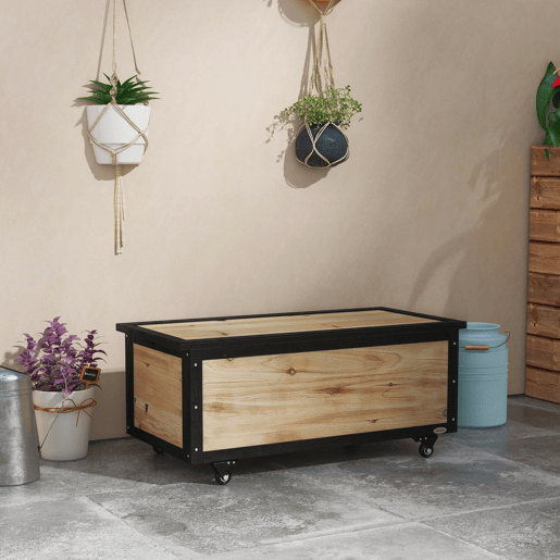 Outsunny Baú de Exterior 121 L Baú de Armazenamento em Madeira com 4 Rodas e Estrutura de Aço para Jardim Pátio Varanda 100x50x43 cm Natural e Preto