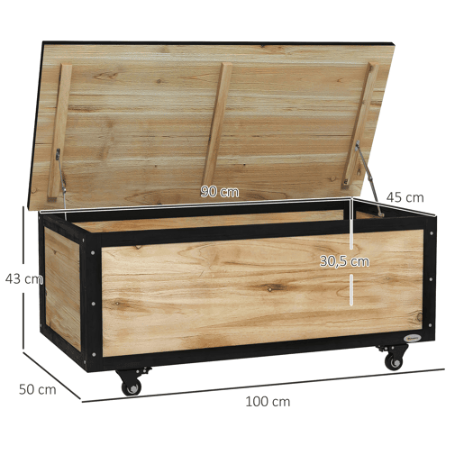 Outsunny Baú de Exterior 121 L Baú de Armazenamento em Madeira com 4 Rodas e Estrutura de Aço para Jardim Pátio Varanda 100x50x43 cm Natural e Preto
