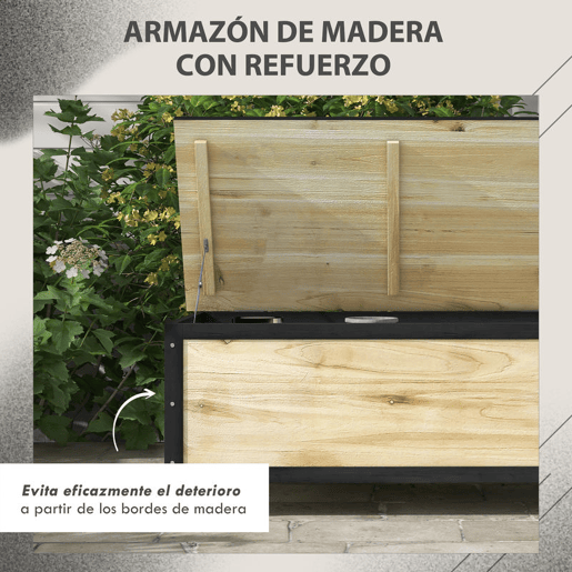Outsunny Baú de Exterior 121 L Baú de Armazenamento em Madeira com 4 Rodas e Estrutura de Aço para Jardim Pátio Varanda 100x50x43 cm Natural e Preto