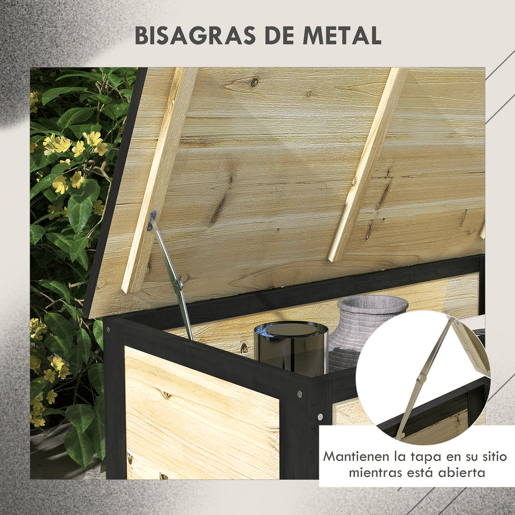 Outsunny Baú de Exterior 121 L Baú de Armazenamento em Madeira com 4 Rodas e Estrutura de Aço para Jardim Pátio Varanda 100x50x43 cm Natural e Preto