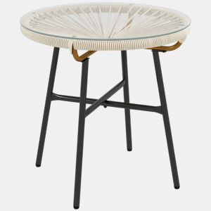 Outsunny Mesa Auxiliar de Vime Sintético Mesa de Centro Redonda para Exteriores com Bancada de Vidro Temperado e Pés de Metal para Pátio Jardim Varanda Ø50x50 cm Creme e Preto