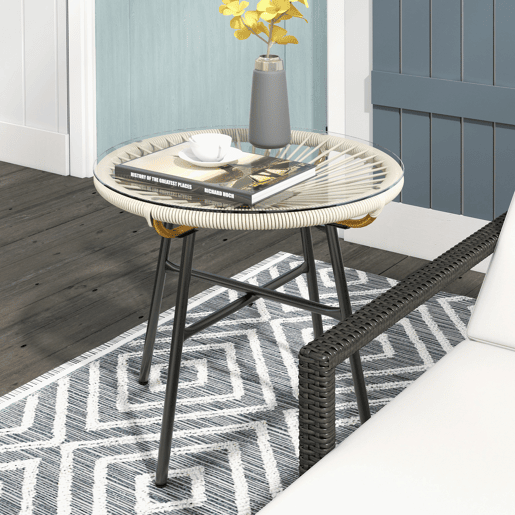 Outsunny Mesa Auxiliar de Vime Sintético Mesa de Centro Redonda para Exteriores com Bancada de Vidro Temperado e Pés de Metal para Pátio Jardim Varanda Ø50x50 cm Creme e Preto