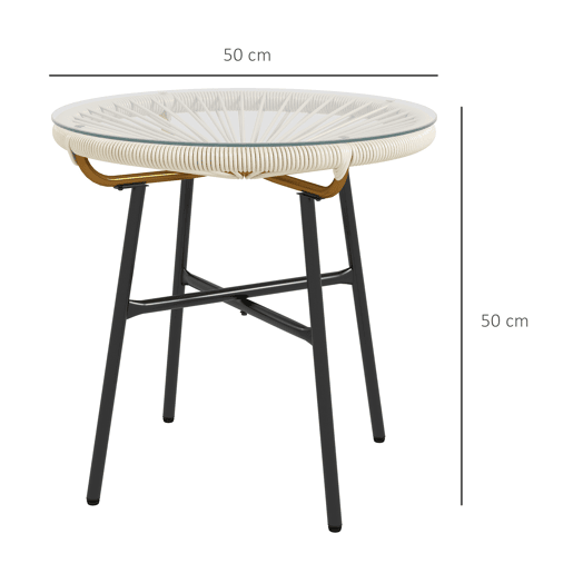 Outsunny Mesa Auxiliar de Vime Sintético Mesa de Centro Redonda para Exteriores com Bancada de Vidro Temperado e Pés de Metal para Pátio Jardim Varanda Ø50x50 cm Creme e Preto