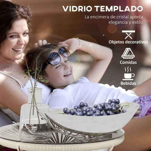 Outsunny Mesa Auxiliar de Vime Sintético Mesa de Centro Redonda para Exteriores com Bancada de Vidro Temperado e Pés de Metal para Pátio Jardim Varanda Ø50x50 cm Creme e Preto