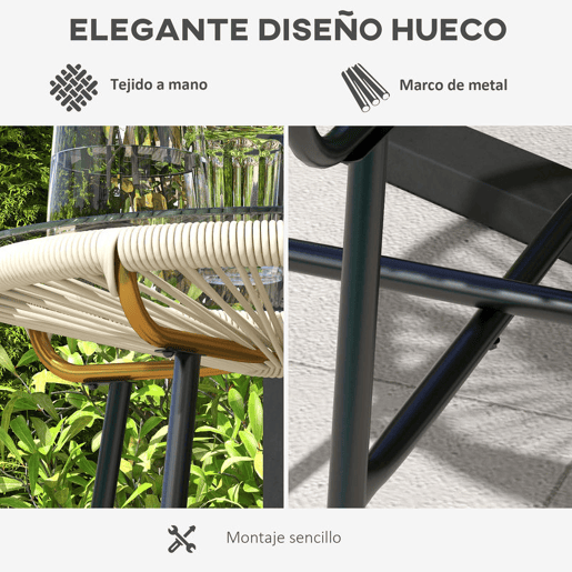 Outsunny Mesa Auxiliar de Vime Sintético Mesa de Centro Redonda para Exteriores com Bancada de Vidro Temperado e Pés de Metal para Pátio Jardim Varanda Ø50x50 cm Creme e Preto