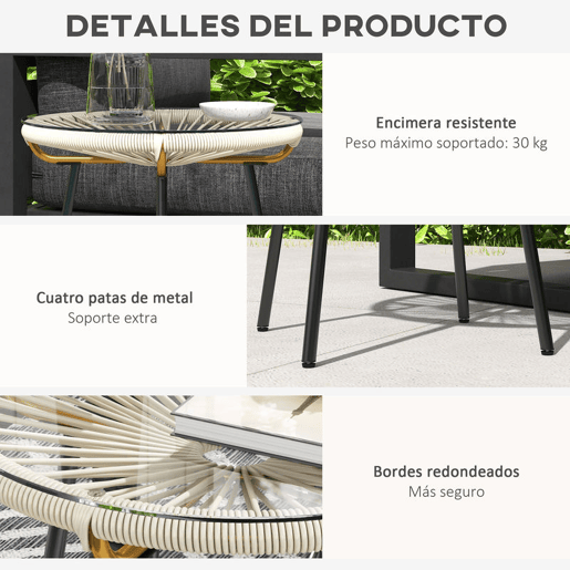 Outsunny Mesa Auxiliar de Vime Sintético Mesa de Centro Redonda para Exteriores com Bancada de Vidro Temperado e Pés de Metal para Pátio Jardim Varanda Ø50x50 cm Creme e Preto